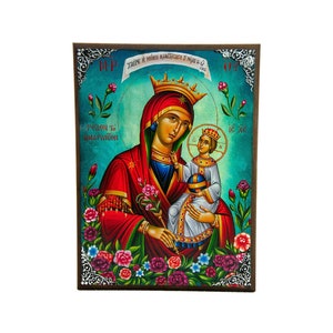 Virgin Mary icon Panagia, Handmade Greek Christian Orthodox Icon of Theotokos, Mother of God Byzantine art wall hanging wood plaque