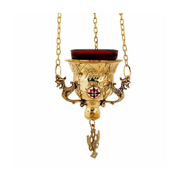 Christian Brass Hanging Oil Vigil Lampe avec Croix, Lampe à huile suspendue à la Prière faite à la main, Bougie à huile orthodoxe avec tasse en verre, décor religieux