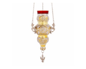 Christian Brass Hanging Oil Vigil Lamp with Cross, Gold plated Prayer Hanging Oil Lamp, Orthodox Oil Candle with glass cup, religious decor