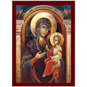 Maagd Maria-pictogram, handgemaakt Grieks-orthodox icoon van de Maagd Maria Panagia Gorgoypikoos, moeder Gods Byzantijnse kunst muurhangend plaquette
