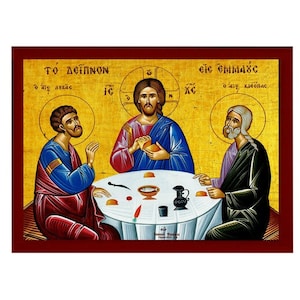 The Supper at Emmaus icon, Handmade Greek Orthodox icon of Jesus Christ St Cleopas Apostle Luke Byzantine art wall hanging wood plaque decor