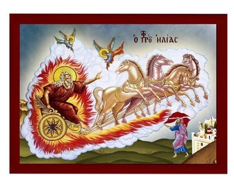 Ícone do Profeta Elias com a Carruagem de Fogo, ícone ortodoxo grego feito à mão de Santo Elias, ícone de arte bizantina para pendurar na parede em placa de madeira.