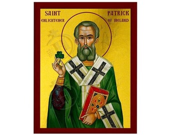 May include: A religious icon depicting Saint Patrick, the patron saint of Ireland. The icon features a detailed painting of Saint Patrick holding a shamrock and a book, with a gold background and a red wooden frame. The text "Saint Enlightener" and "Patrick of Ireland" is written at the top of the icon.