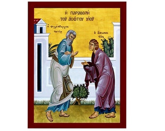 The Parable of Prodigal son icon Handmade Greek Orthodox icon The Prodigal Sunday Byzantine art wall hanging on wood plaque, religious gift