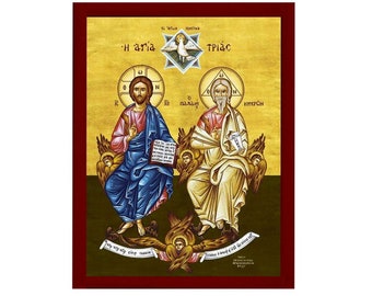Icône de la Sainte Trinité, icône grecque orthodoxe faite main de Jésus-Christ, décoration murale d'art byzantin suspendue sur plaque de bois, icône religieuse, cadeau de mariage