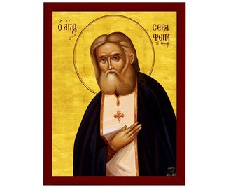 Saint Seraphim icon, Handmade Greek Orthodox icon St Seraphim of Sarov, Byzantine art wall hanging on wood plaque icon, religious decor