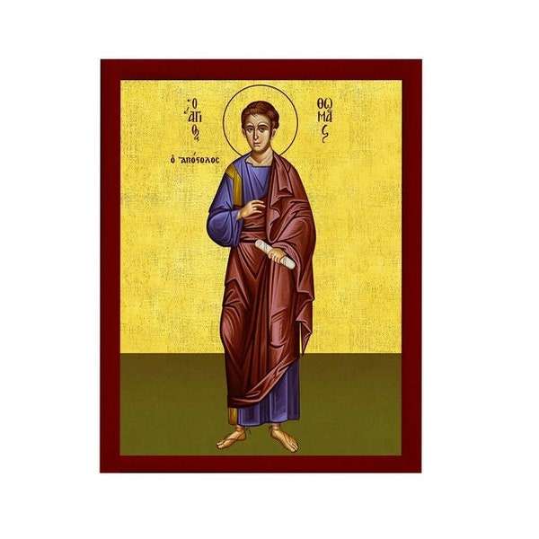 Ikone des Apostels Thomas, Handgemachte griechisch-orthodoxe Ikone des Apostels Evangelist Thomas, byzantinische Kunst Wandbehang auf Holzschild Geschenk