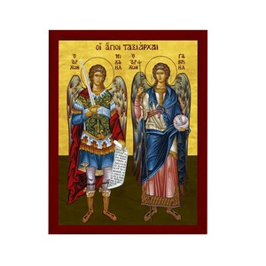 Archangel Michael & Archangel Gabriel icon, Byzantine art wall hanging, Greek Catholic Orthodox icon wood plaque religious gift