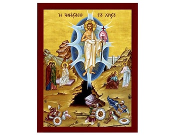 Resurrection Jesus Christ icon, Handmade Greek Orthodox icon, Byzantine art wall hanging of our Lord rising from the dead, religious decor