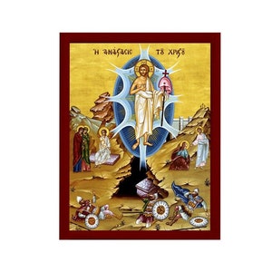 Resurrection Jesus Christ icon, Handmade Greek Orthodox icon, Byzantine art wall hanging of our Lord rising from the dead, religious decor