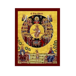 May include: A religious icon depicting Jesus Christ surrounded by a circle of saints. The icon is painted in a traditional style with gold accents and vibrant colors. The text "oi ágioi pántese" is written at the top of the icon.