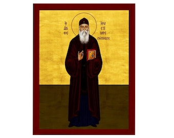 Saint Ioustinos Popovic Orthodox Icon, Handmade Christian Wall Art on Wood, Byzantine Religious Gift, Home Decor