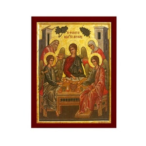 Abraham's Hospitality icon, Handmade Greek Orthodox Icon of the Holy Trinity, Byzantine art wall hanging wood plaque, religious gift