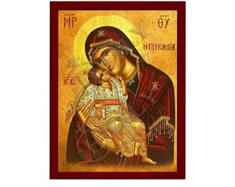Virgin Mary Glykophilousa Orthodox Icon, Handmade Christian Wall Art on Wood, Byzantine Religious Gift, Home Decor