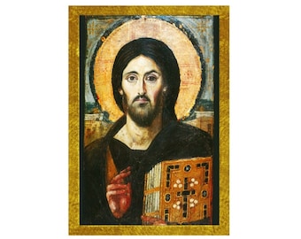Jesus Christ icon Sina, Handmade Greek Orthodox icon of Jesus Christ Sinai, Byzantine art wall hanging on wood plaque, religious decor