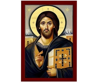 Jesus Christ icon Sina, Handmade Greek Orthodox icon of Jesus Christ Sinai, Byzantine art wall hanging on wood plaque, religious decor gift