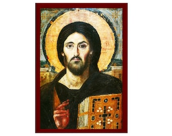 Jesus Christ icon Sina, Handmade Greek Orthodox icon of Jesus Christ Sinai, Byzantine art wall hanging on wood plaque, religious decor