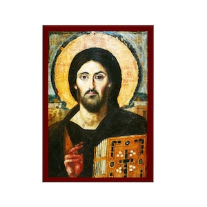 Jesus Christ icon Sina, Handmade Greek Orthodox icon of Jesus Christ Sinai, Byzantine art wall hanging on wood plaque, religious decor