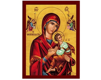 Virgin Mary icon Panagia Theoskepasti Santorini, Handmade Greek Orthodox Icon Mother of God Byzantine art Theotokos wall hanging wood plaque