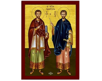 Saint Cosmas and Damian Orthodox Icon, Handmade Christian Wall Art on Wood, Byzantine Religious Gift, Home Decor