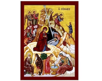 Geboorte van Jezus Christus icoon, handgemaakt Grieks-orthodox icoon, Byzantijnse kunst muur hangende houten plaquette van de geboorte van onze Heer, religieus decor