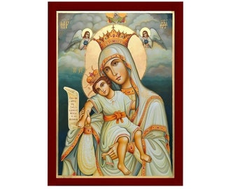 May include: A religious icon depicting the Virgin Mary holding the baby Jesus. Mary is wearing a blue robe with gold trim and a crown. Jesus is wearing a white robe with a gold sash. The icon is painted on a wooden panel and has a gold background.