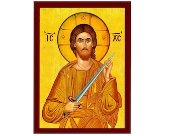Jesus Christ icon the Swordbearer, Handmade Greek Orthodox icon of our Lord, Byzantine art wall hanging on wood plaque, religious gift
