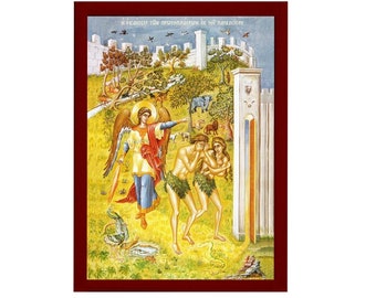 May include: A religious icon depicting the expulsion of Adam and Eve from the Garden of Eden. An angel with wings stands in the foreground, pointing with his right hand towards a gate. Adam and Eve are in the center, with Eve holding a small child. The background shows a walled city and a lush garden with trees and animals.