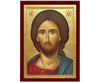 Jesus Christ icon Portrait, Handmade Greek Orthodox icon of our Lord, Byzantine art wall hanging on wood plaque, religious icon home decor