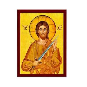 Jesus Christ icon the Swordbearer, Handmade Greek Orthodox icon of our Lord, Byzantine art wall hanging on wood plaque, religious gift