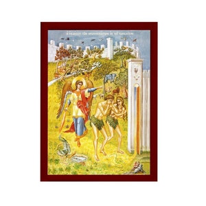 The Fall of Adam & Eve icon, Handmade Greek Orthodox icon Adam Eve sent out of Garden Byzantine religious art wall hanging on wood plaque