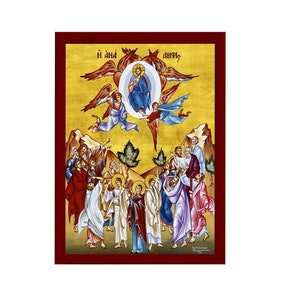 The Ascension of Jesus Christ icon, Handmade Greek Orthodox icon of Analipsi, Byzantine art wall hanging of our Lord rising to Heaven plaque