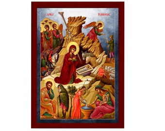 Geboorte van Jezus Christus icoon, handgemaakt Grieks-orthodox icoon, Byzantijnse kunst muur hangende houten plaquette van de geboorte van onze Heer, religieus decor