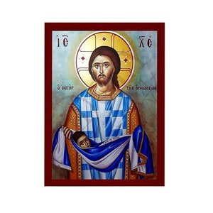Jesus Christ icon, Handmade Greek Orthodox icon of Savior of Orthodoxy, Byzantine art wall hanging on wood plaque, religious icon home decor
