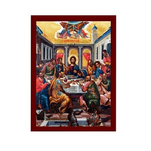 The Last Supper icon, Holy Communion Handmade Greek Orthodox icon, Byzantine art wall hanging on wood plaque, religious home gift