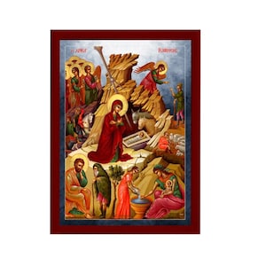 Nativity of Jesus Christ icon, Handmade Greek Orthodox icon, Byzantine art wall hanging wood plaque of the Birth our Lord, religious decor image 1