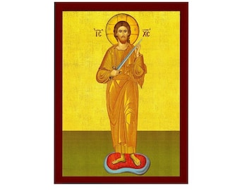 Jesus Christ icon the Swordbearer, Handmade Greek Orthodox icon of our Lord, Byzantine art wall hanging on wood plaque, religious gift