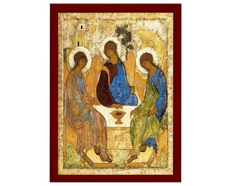 Icona dell'ospitalità di Abramo Rublev, icona greco-ortodossa fatta a mano della Santissima Trinità, placca in legno appesa alla parete dell'arte bizantina, regalo religioso