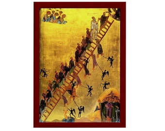 The Ladder of Divine Ascent, Handmade Greek Orthodox icon, Byzantine art wall hanging of Ladder of Paradise, religious icon decor