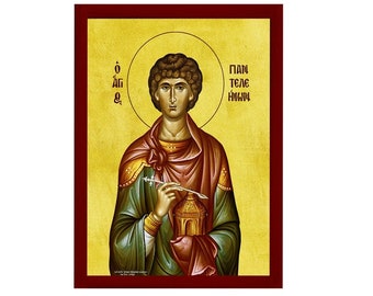 Saint Panteleimon Orthodox Icon, Handmade Christian Wall Art on Wood, Byzantine Religious Gift, Home Decor