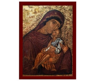 Virgin Mary Glykophilousa Orthodox Icon, Handmade Christian Wall Art on Wood, Byzantine Religious Gift, Home Decor