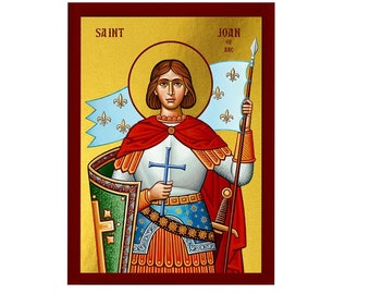 Może przedstawiać: Ikona religijna przedstawiająca świętą Joannę d'Arc, kobietę w zbroi trzymającą miecz i tarczę, z niebiesko-białym sztandarem za nią. Ikona ma złote tło i czerwoną drewnianą ramę. Tekst "SAINT" i "JOAN OF ARC" jest napisany na górze ikony.