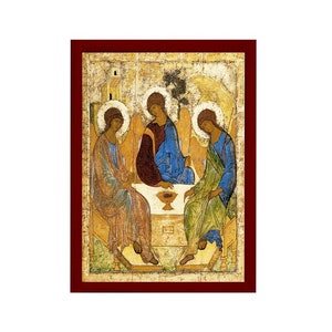 Abraham's Hospitality icon Rublev, Handmade Greek Orthodox Icon of the Holy Trinity, Byzantine art wall hanging wood plaque, religious gift