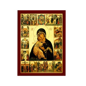 Puede incluir: Un icono de estilo vintage que representa a la Virgen Mar&iacute;a sosteniendo al ni&ntilde;o Jes&uacute;s. El icono est&aacute; rodeado de escenas m&aacute;s peque&ntilde;as que representan eventos de la vida de Jes&uacute;s. El icono est&aacute; pintado en un estilo tradicional con acentos dorados.