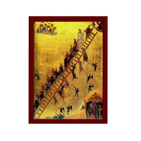 The Ladder of Divine Ascent, Handmade Greek Orthodox icon, Byzantine art wall hanging of Ladder of Paradise, religious icon decor