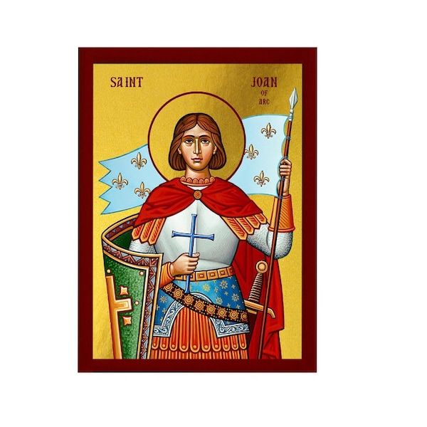 Heilige Jeanne des Bogens Ikone, Handgemachte griechisch-orthodoxe katholische Ikone der Heiligen Johanna Byzantinische Kunst Wandbehang Ikone auf Holz Plaque Dekor Geschenk