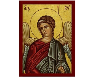 Guardian Angel icon, Handmade Greek Orthodox icon Angel of the Lord, Byzantine art wall hanging on wood plaque religious icon gift