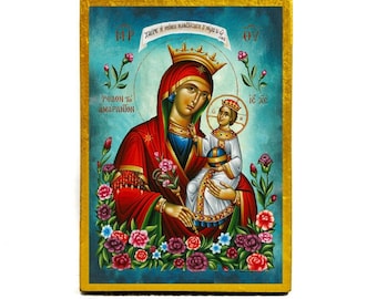 Icono de la Virgen María Panagia Rose Amaranth, icono ortodoxo griego hecho a mano, arte bizantino de la Madre de Dios, placa de madera para colgar en la pared con la imagen de la Theotokos, regalo.