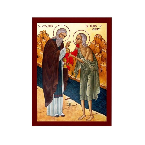 Heilige Maria von Ägypten & Heilige Zossima Ikone, handgemachte griechisch-orthodoxe Ikone byzantinische Kunst Wandbehang Holzplakette, religiöses Geschenk Wohndekor