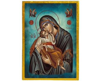 Virgin Mary Glykophilousa Orthodox Icon, Handmade Christian Wall Art on Wood, Byzantine Religious Gift, Home Decor